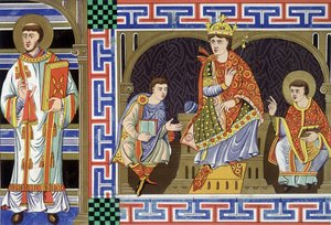 Un diacre, une figure noble, un roi et un évêque illustrant les gens du dixième siècle ; Illustration du dix-neuvième siècle tirée de « La France au dixième siècle » - Unknown artist