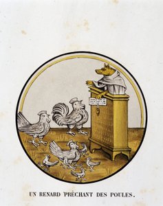 Un renard prêchant des poules (roman de Renart) - caricature religieuse, Limoges