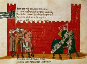 Un groupe de chevaliers quittant un château. Miniature tirée de "Entrée d