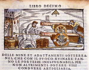Un artilleur chargeant un canon avec des explosifs. Gravure de « De la Pyrotechnia » de Vannoccio Biringuccio 1550 - Unknown artist