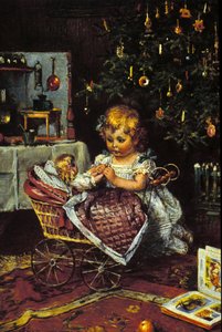 Une petite fille découvre la poupée et le landau sous le sapin de Noël. 19ème siècle