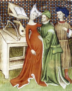 Un homme tient une femme (enceinte ?) dans ses bras et pose sa main sur son ventre arrondi. Un autre personnage observe la scène. Derrière eux, une partition est placée sur un bureau avec un luth et une harpe. Miniature du XVe siècle.