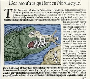 Un monstre marin bat un nageur près des côtes de la Norvège. Gravure par Olaus Magnus (1490 - 1557), religieux et géographe suédois, « Historia de Gentis Septentrionalibus », Venise