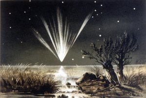 Une météorite tombant dans la mer. Lithographie en couleur de la fin du 19ème siècle