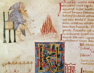 Un moine se réchauffant les pieds devant un feu, mois de février. (miniature) - Unknown artist