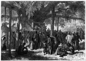 Une représentation de marionnettes en Annam. Gravure dans « Le Journal de la Jeunesse »