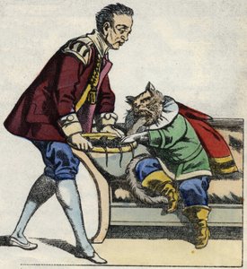 Un serviteur sert au chat botté un plateau de souris. Illustration du conte « Le Chat botté » de Charles Perrault