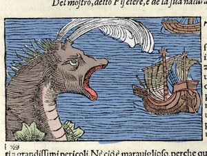 Un cachalot (?) (physeter) attaque un navire. Gravure par Olaus Magnus (1490 - 1557), religieux et géographe suédois, « Historia de Gentis Septentrionalibus », Venise - Unknown artist