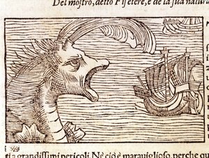 Un cachalot (?) (physeter) attaque un navire. Gravure par Olaus Magnus (1490 - 1557), religieux et géographe suédois, « Historia de Gentis Septentrionalibus », Venise - Unknown artist
