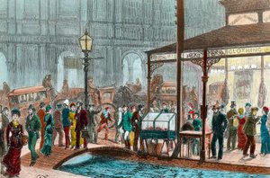 Une rue de Melbourne un samedi soir, Australie. Passants sur le pont. Gravure du 19ème siècle