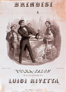 Scène de toast. Illustration de la partition de Brindisi polka par Rivetta