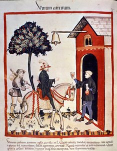 Un voyageur est accueilli dans une auberge et se voit offrir un verre de vin. Enluminure du Tacuinum sanitatis