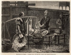 Un marchand de beignets ambulant, porte ses beignets dans des paniers et se rend au marché pour les vendre aux autres marchands pour le déjeuner. Gravure pour illustrer le voyage au Japon, en 1863-1864, par Aimé Humbert, ministre de la Confédération suisse