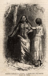 Un guerrier de la tribu indienne des Crows, vivant le long de la rivière Lewis, faisant sa toilette. Gravure pour illustrer une excursion parmi les tribus indiennes des bassins de la Colombie et du Haut Missouri, par G. Catlin, en 1855, publié dans « le to