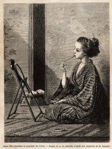 Une jeune fille de Yedo (ou Edo, Tokyo actuel), se peignant les lèvres devant son miroir, a à ses côtés la boîte laquée contenant ses nécessaires : peignes, brosses et épingles à cheveux, poudre dentifrice, poudre de riz et autres cosmétiques. Gravure pour