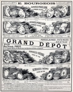 Publicité de 1889 pour « La Céramique Moderne par Le Grand Dépôt De Porcelaines, Faïences Et Verreries Bourgeois à Paris »