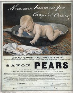 Publicité de 1889 pour le savon anglais "Pears" grand savon de santé anglais. Un bébé dans son bain fait un caprice (pleure) et essaie d