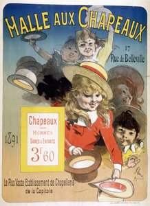 Affiche publicitaire pour la Halle aux chapeaux, rue de Belleville à Paris