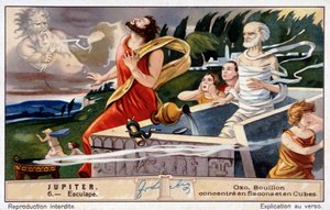 Esculape meurt, foudroyé par Jupiter, pour avoir ressuscité les morts - Chromolithographie Oxo, produite par Liebig