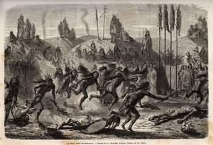 Après la cérémonie de don de soi au Grand Esprit, les jeunes guerriers embrassent une danse frénétique et débridée, les plus faibles traînent sur le sol, parmi les Indiens Mandans (ou noumah ka kie : faisans), sur la rive gauche du Missouri. Gravure pour i