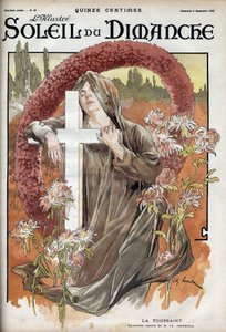 Toussaint. Allégorie de la fête des morts avec une femme en tenue de deuil sur une croix catholique dans un cimetière. Gravure dans "Le sun-du-dimanche", 5 novembre