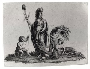 Allégorie de la République Cisalpine (Cisalpina) créée par Napoléon Bonaparte le 27/06/1797 sur le modèle français en Italie, devenue la République Italienne en 1802. Les symboles de la République Française sont représentés. Gravure Museo del risorgimento,