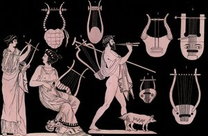 Instrument de musique grec antique : Lyre et Cithare - gravure de « Usi e Costumi di Tutti i Popoli dell