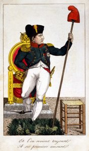 Et on revient toujours à son premier amour, une caricature sur Napoléon Ier reprenant le pouvoir en 1815 (Épisode des Cent-Jours)