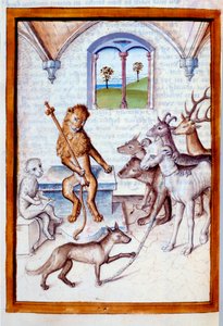 Animaux en posture humaine : Le lion, roi des animaux, donne des ordres à des chèvres, des cerfs et aide un félin en posture de scribe