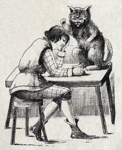 Illustration anonyme pour "Le chat botté", conte de Charles Perrault (1628-1703), écrivain français. Imagerie Marcel Vagne, Jarville Nancy, sans date (fin XIXe siècle).