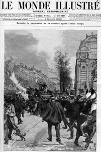 Manifestation anti-boulangerie : manifestation place Saint-Michel, où des exemplaires de « La Lanterne » sont brûlés. Dessin de Gérardin pour la couverture de « Le Monde Illustré » de 1888