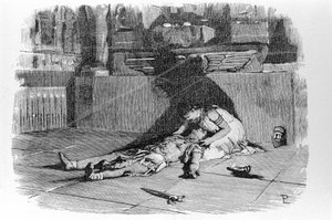 Antoine ou Marc Antoine (83 av. J.-C. - 30 av. J.-C.) mourant dans les bras de Cléopâtre après avoir cru à son suicide. Gravure du 19ème siècle.