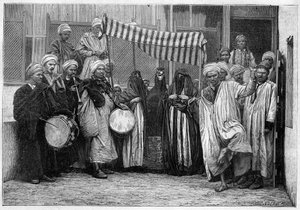 Coutume arabe en Égypte : cortège nuptial au Caire. Gravure dans "Le Monde Illustré"