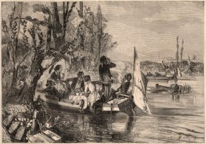 Autour de Paris en 1857. Les canoéistes à Asnières. Gravure dans "Le Monde illustré" de 1857. Collection privée.
