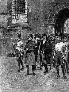 Arrestation des carbonari (membres de la Charbonnerie ou Carboneria) de la Vénétie Lombardie. Illustration de Matania. Gravure du 19ème siècle