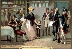 Arrestation de la famille royale (Louis XVI et Marie-Antoinette avec leurs enfants) à Varennes (22/06/1791). Chromolithographie du XIXe siècle