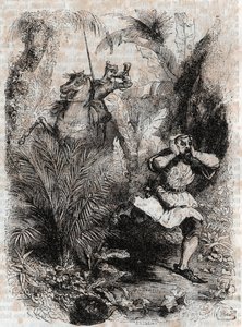 Astolphe fait fuir Caligorant - gravure de 1851 de « Roland furieux » (Orlando furioso) (16e siècle) par Ludovico Ariosto, connu sous le nom d