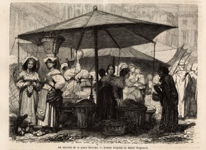 Au pied de la Piazza Navona, Rome (Italie). Gravure pour illustrer le voyage à Rome, par Francis Wey, en 1864-1868, publié dans "Le tour du monde, nouveau journal des voyages", sous la direction d