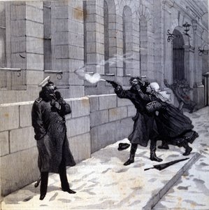 Attaque dirigée contre le tsar Alexandre II (1818 - 1881) à Saint-Pétersbourg en 1879. Gravure du 19ème siècle