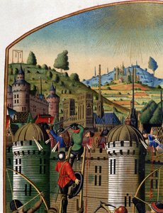 Attaque du château de Philippe Auguste avec vue de Paris et des gibets de Montfaucon pendant la guerre de Cent Ans, milieu du XVe siècle (détail)
