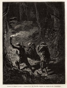 Retour de la chasse de nuit, la proie, un ours, est attachée et suspendue à une branche que les chasseurs portent sur l