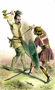Bataille entre un soldat franc et un soldat romain. Gravure du 19ème siècle