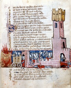 Bataille dans un château. Les réservoirs sont en feu. Manuscrit du 13ème siècle. Marciana Venise.