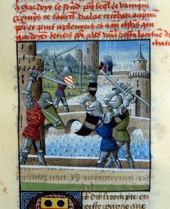 Bataille des chevaliers Palamède et Artus. Miniature dans le « Roman du Graal »