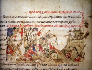 Bataille de Nicopolis : défaite des chrétiens par Bayazid I (Turquie), le 28/09/1396 - dans « Croniche del Sercambi », vers 1400. Archives Nationales, Lucques