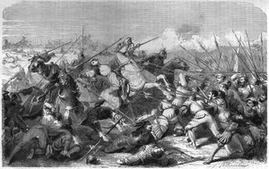Bataille de Ravenne (Italie), mort de Gaston de Foix duc de Nemours (1489-1512) le 11 avril 1512. Gravure du 19ème siècle.