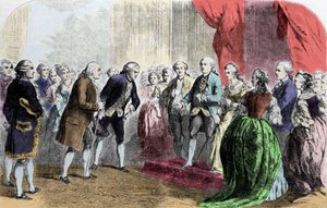 Benjamin Franklin (1706-1790), philosophe, physicien et ambassadeur américain reçu par le roi de France Louis XVI, le 6 février