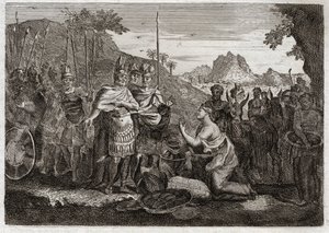 Bible de Royaumont, Ancien Testament : Abigaïl. Abigaïl, femme de Nabal, apaise la colère de David par sa sagesse. Illustration de 1811. - Unknown artist