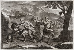 Bible de Royaumont, Ancien Testament : Naissance de Samson. Samson déchire un lion en morceaux. Illustration de 1811 - Unknown artist