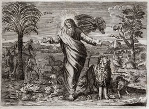 Bible de Royaumont, Ancien Testament : Création du Monde. Dieu tire le Ciel et la Terre du néant, et en six jours les orne et les peuple de Créatures de toutes sortes. Illustration de 1811.